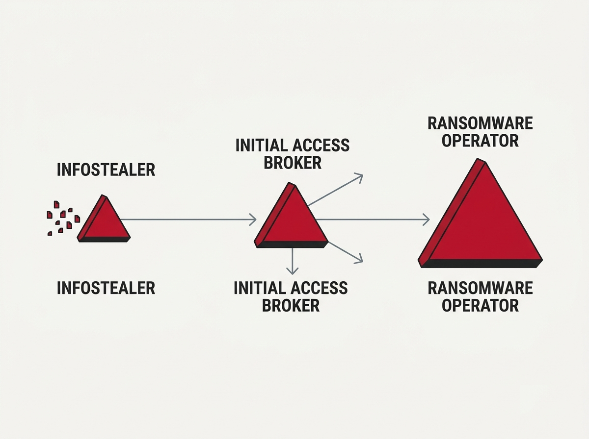Infostealer→IAB→Ransomware Operatorの三角形フロー図